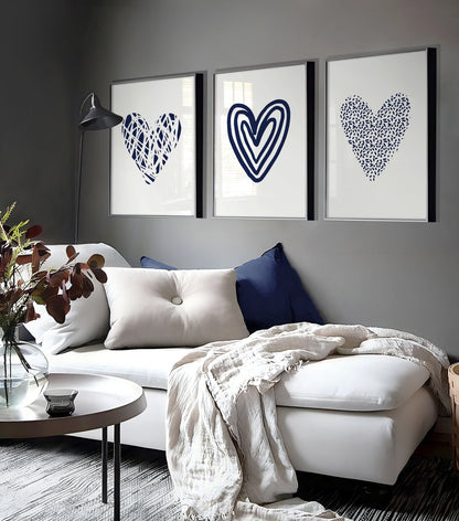 Set of 3 Navy Abstract Love Heart Wall Prints