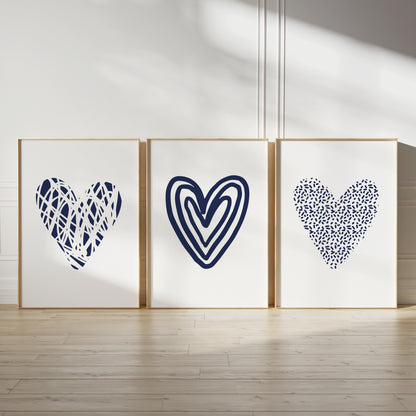 Set of 3 Navy Abstract Love Heart Wall Prints