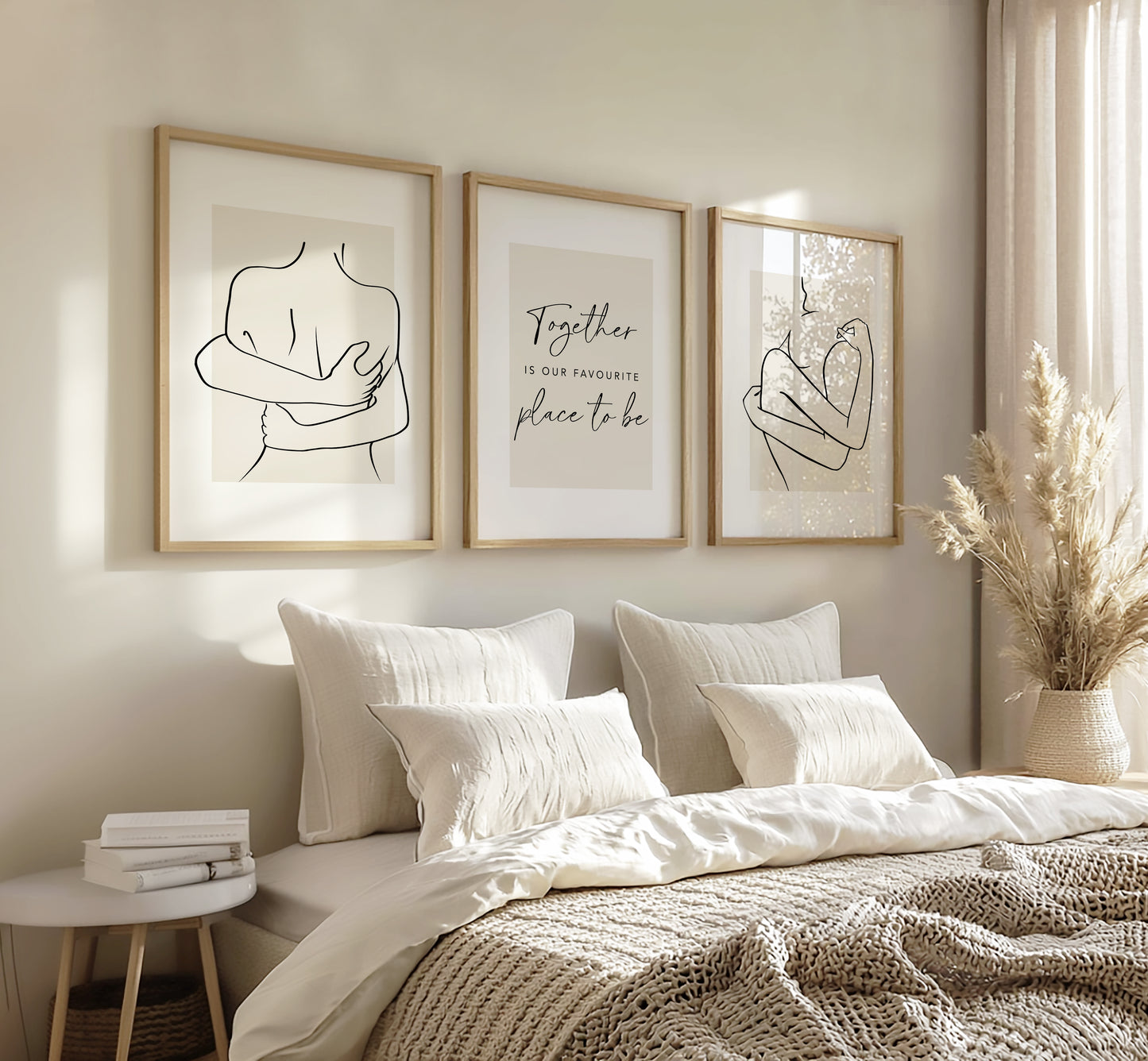 Set of 3 light Beige Couples Bedroom Wall Prints