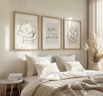 Set of 3 light Beige Couples Bedroom Wall Prints
