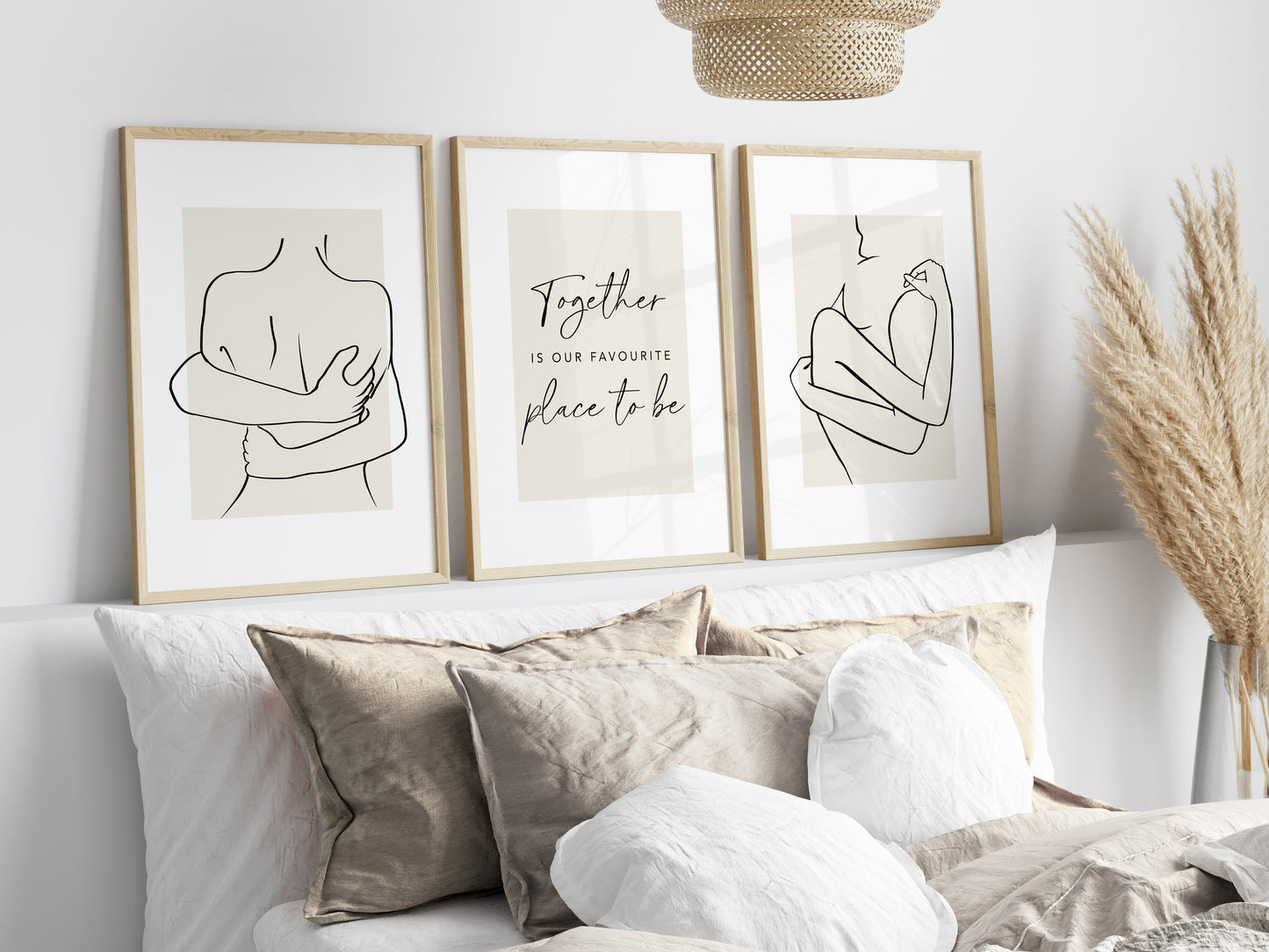 Set of 3 light Beige Couples Bedroom Wall Prints