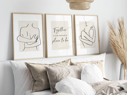 Set of 3 light Beige Couples Bedroom Wall Prints