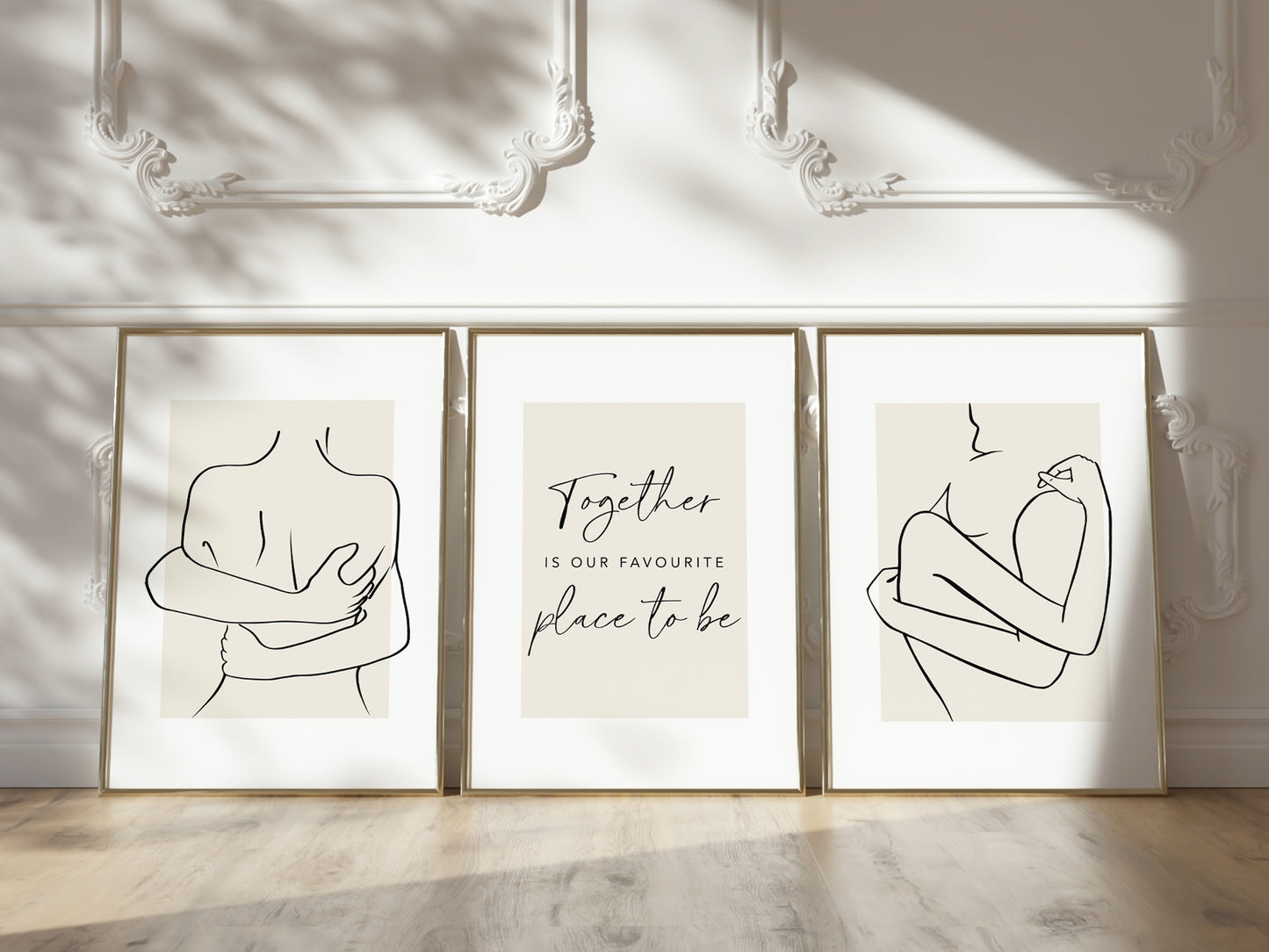 Set of 3 light Beige Couples Bedroom Wall Prints