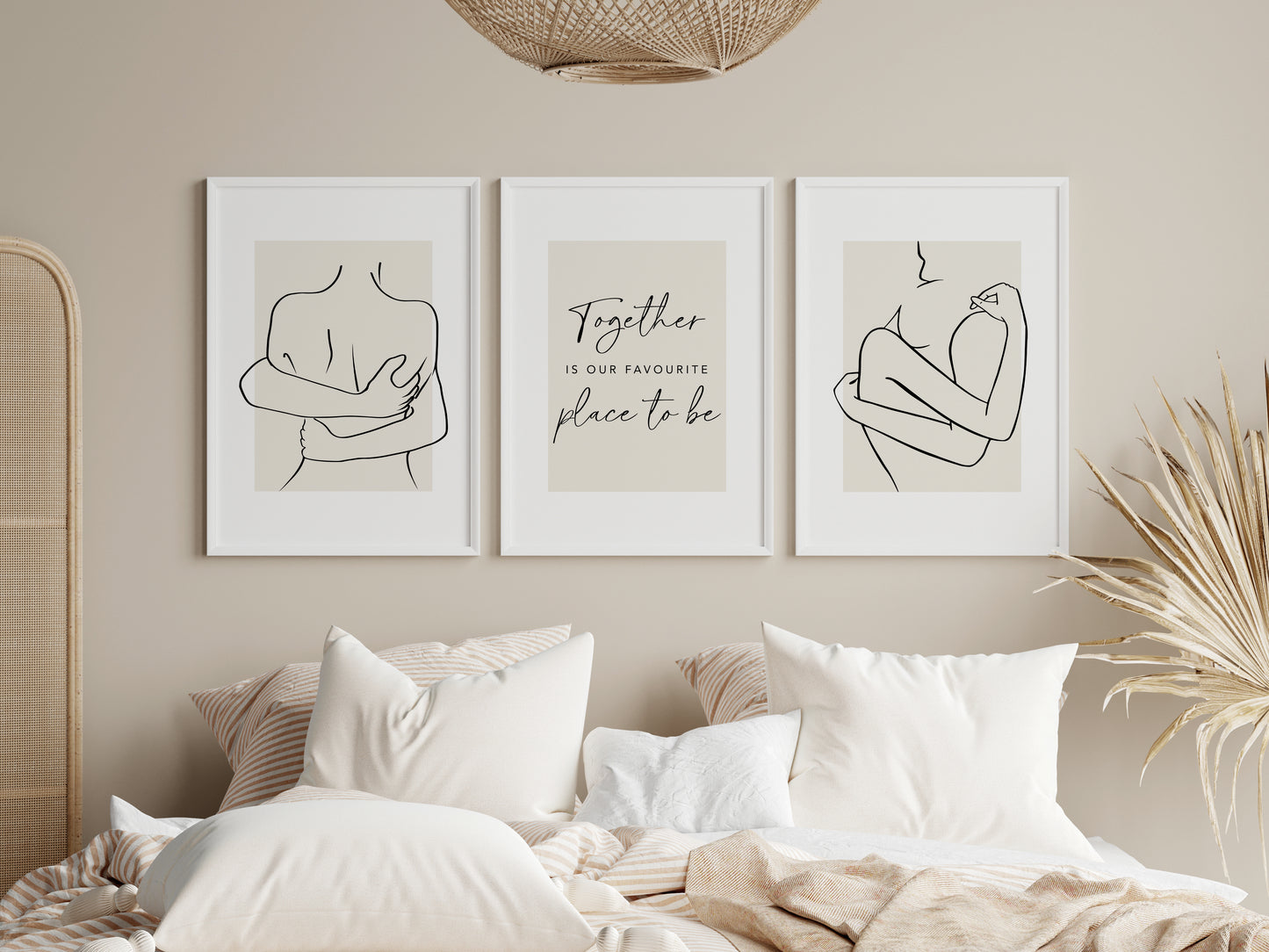 Set of 3 light Beige Couples Bedroom Wall Prints