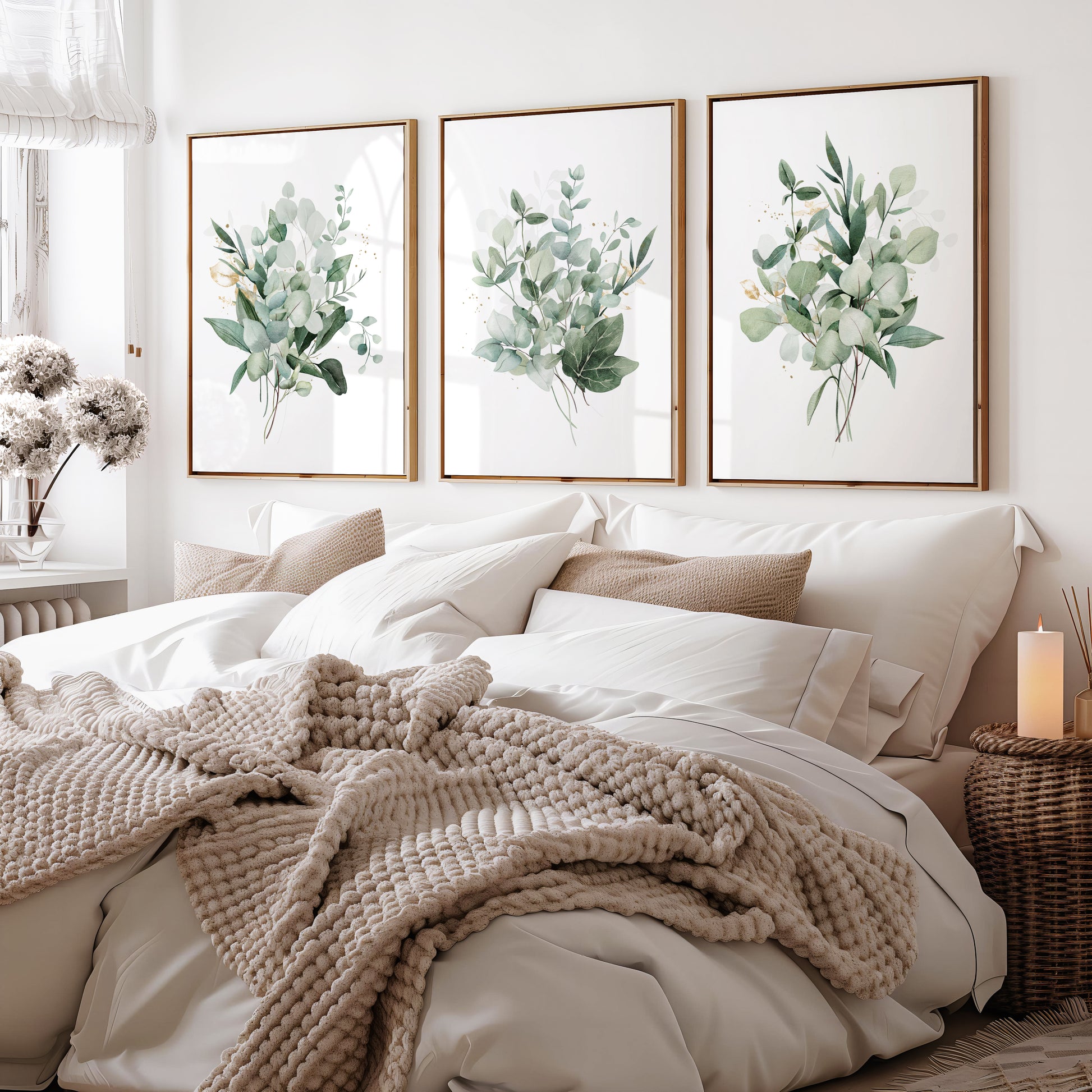 Set of 3 green botanical bouquet bedroom wall art prints