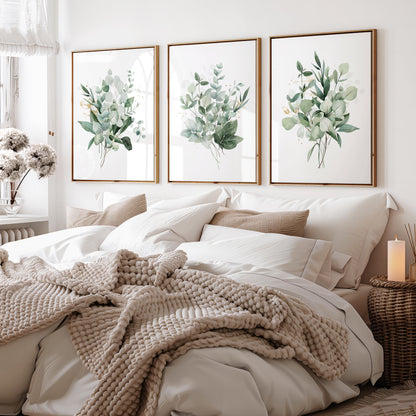 Set of 3 green botanical bouquet bedroom wall art prints