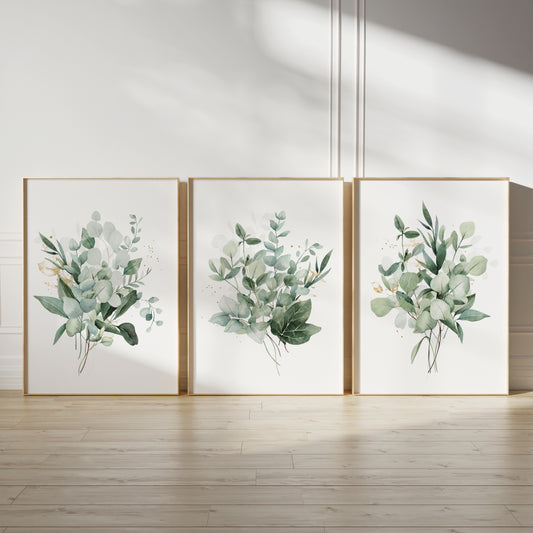 Set of 3 green botanical bouquet wall art prints