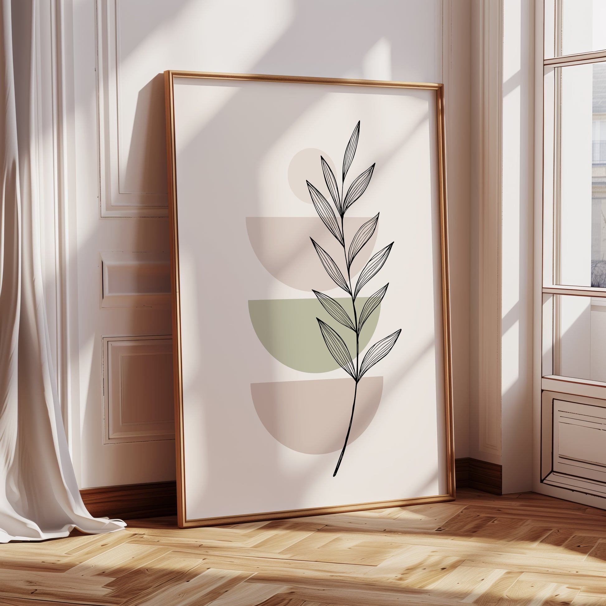 geometric poster in green and pink with botanical element
