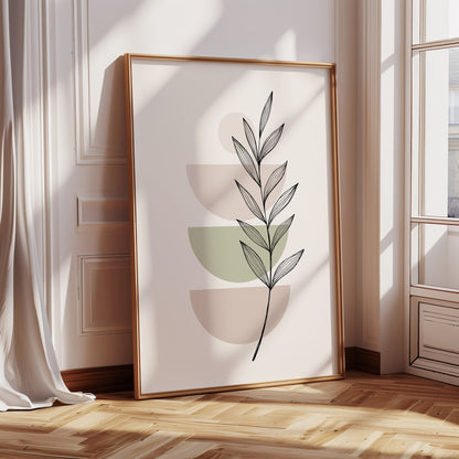 geometric poster in green and pink with botanical element