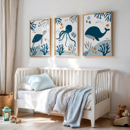 Set of 3 Navy & Grey Ocean Nursery Wall Prints