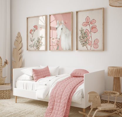 Set of 3 Girls Pink Unicorn Bedroom Wall Prints