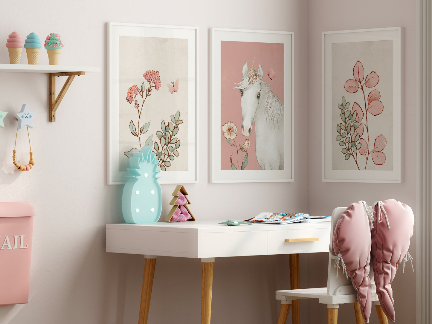 Set of 3 Girls Pink Unicorn Bedroom Wall Prints