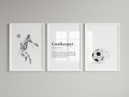 Set of 3 Black & Grey Abstract Goalkeeper Wall Art Prints