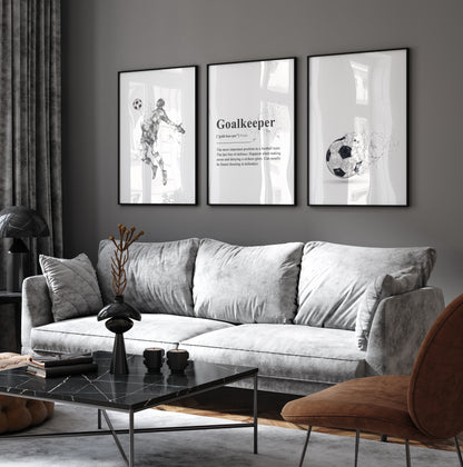 Set of 3 Black & Grey Abstract Goalkeeper Wall Art Prints