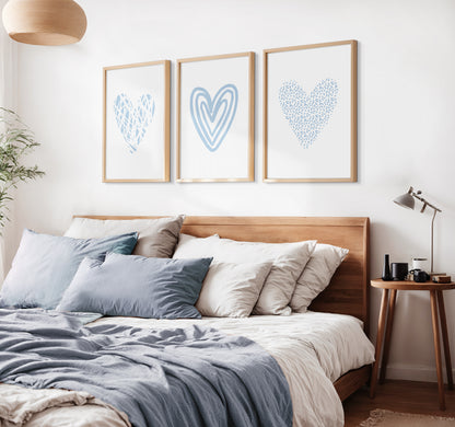 Set of 3 Light Blue Love Heart Wall Prints