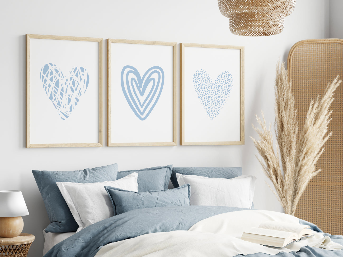 Set of 3 Light Blue Love Heart Wall Prints