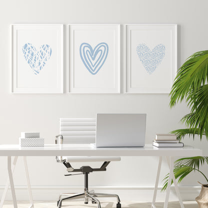 Set of 3 Light Blue Love Heart Wall Prints