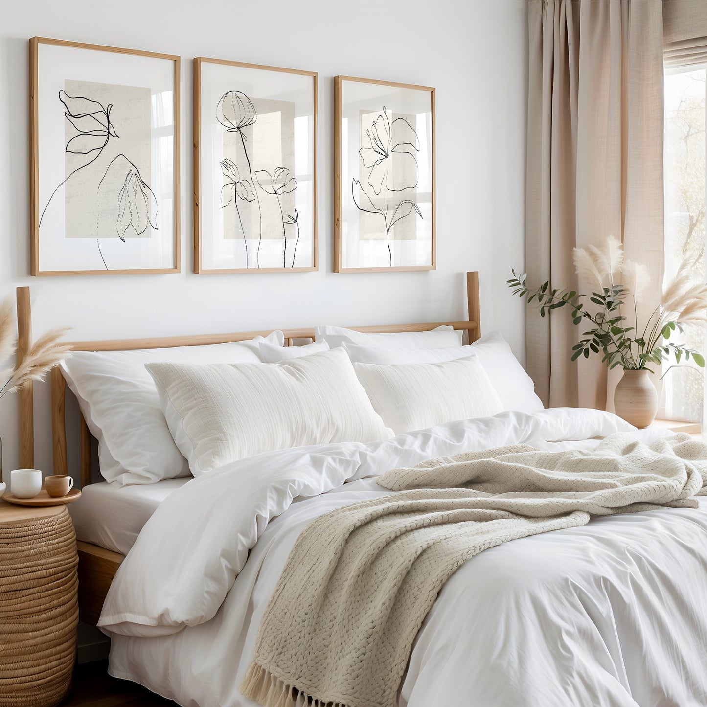 Set of 3 Neutral Botanical Line Art Wall Prints