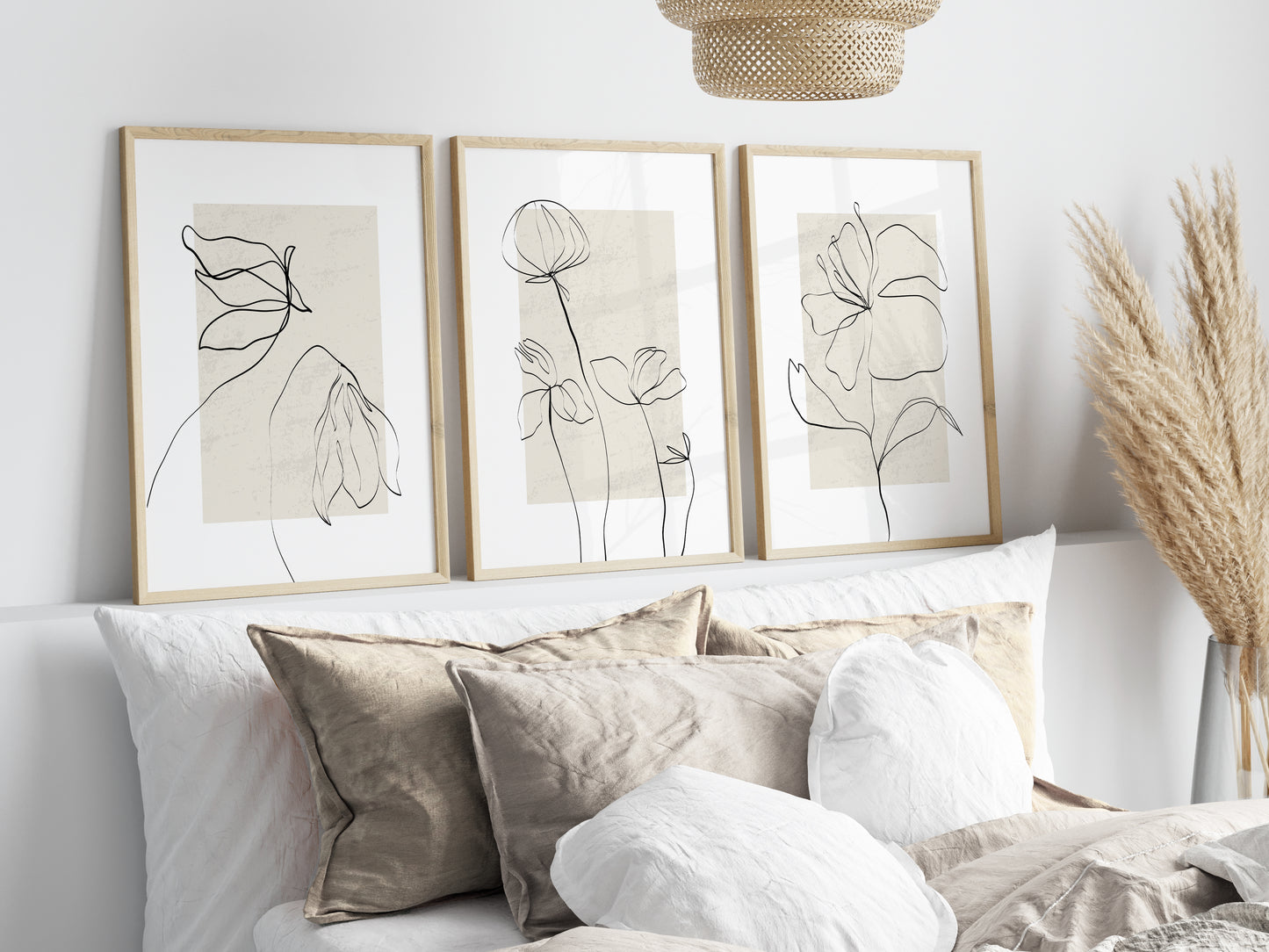 Set of 3 Neutral Botanical Line Art Wall Prints