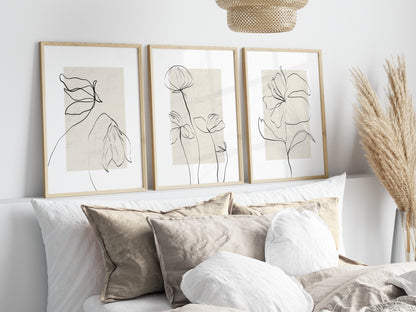 Set of 3 Neutral Botanical Line Art Wall Prints