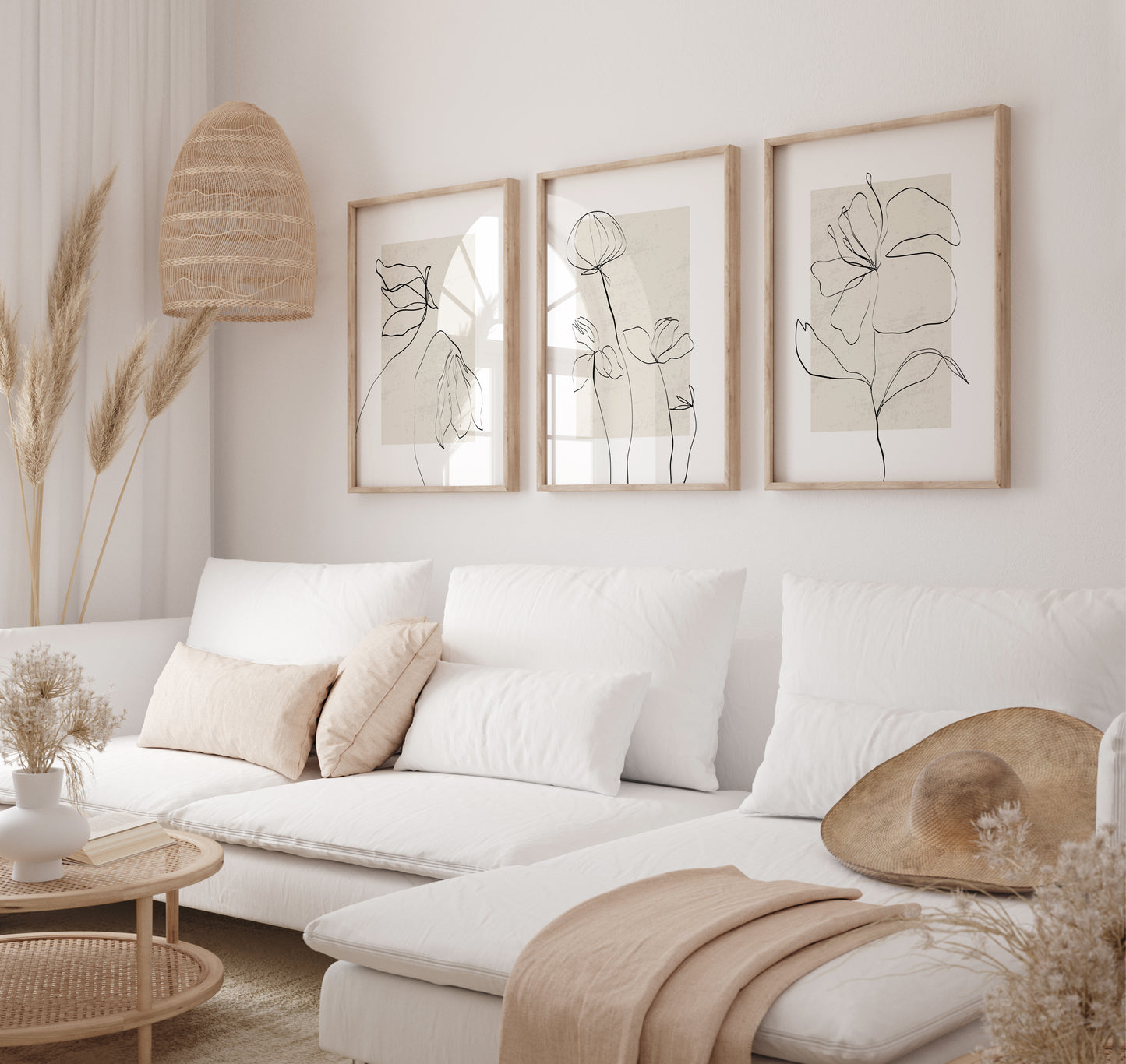 Set of 3 Neutral Botanical Line Art Wall Prints