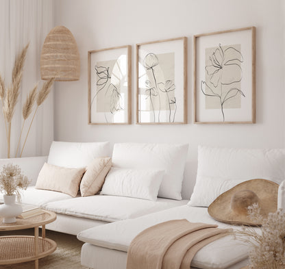 Set of 3 Neutral Botanical Line Art Wall Prints