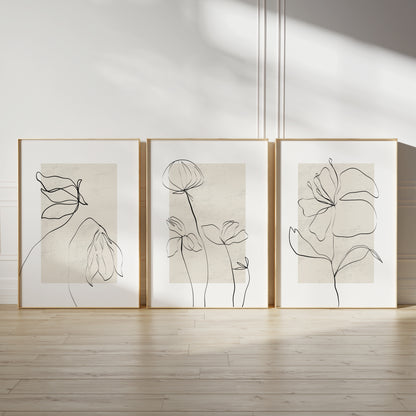 Set of 3 Neutral Botanical Line Art Wall Prints