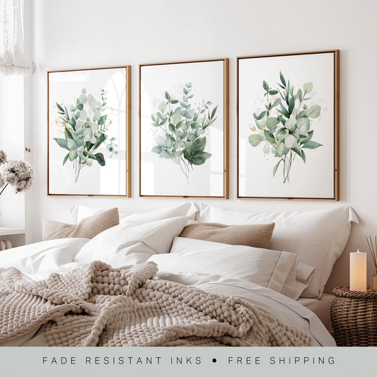 set of 3 bitanical bedroom prints in sage green