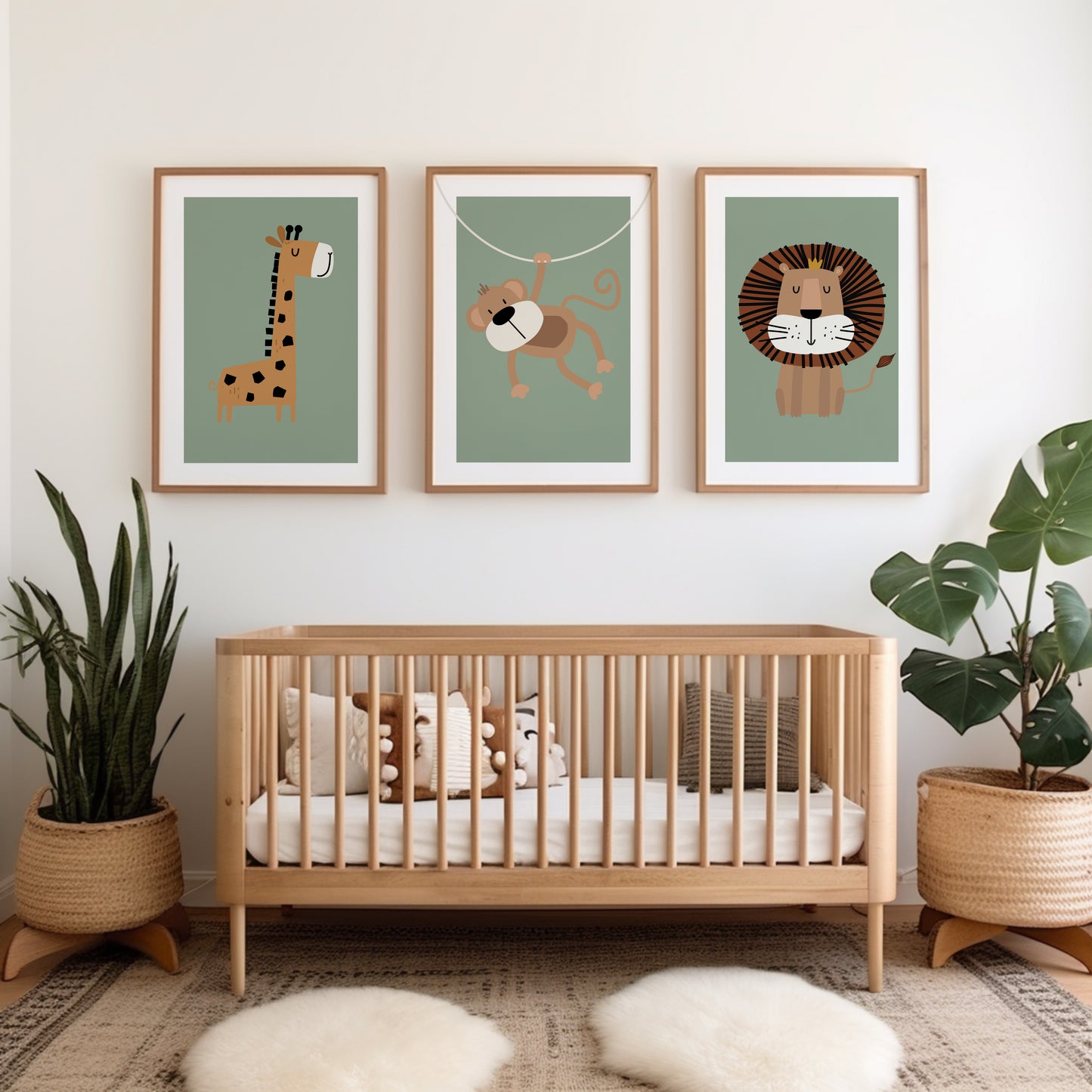 Set of three safari animal nursery pictures in sage green
