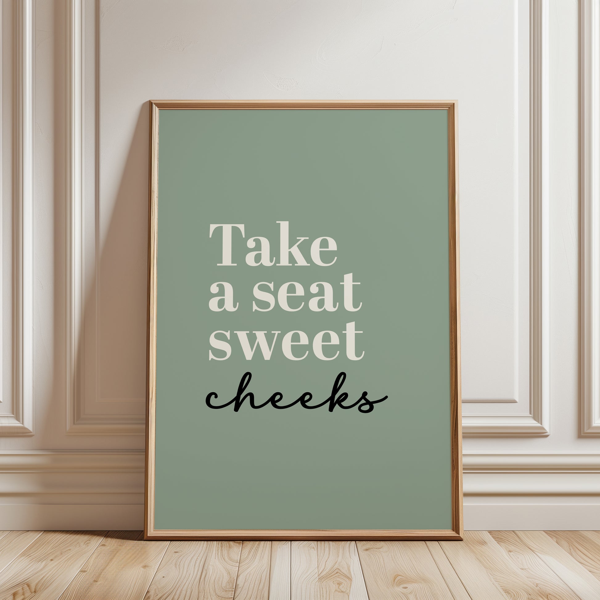 sage green bathroom wall art print with funny phrase