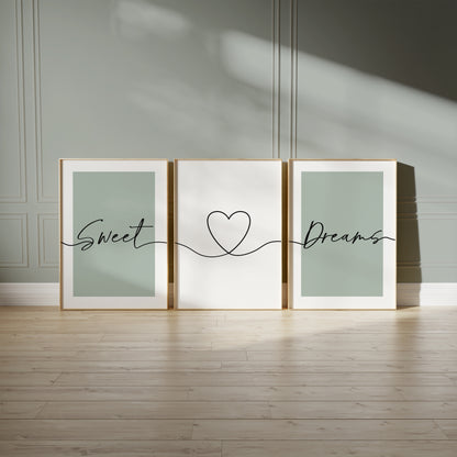Set of 3 Bedroom Art Prints, Sweet Dreams, Sage