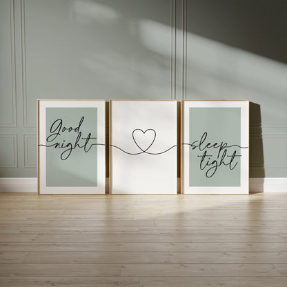 sage green good night sleep tight bedroom prints
