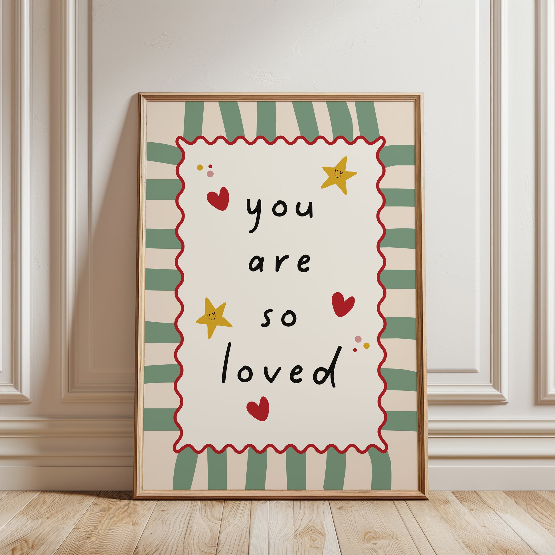 You are so loved, nursery quote print, with trendy striped background in sage green