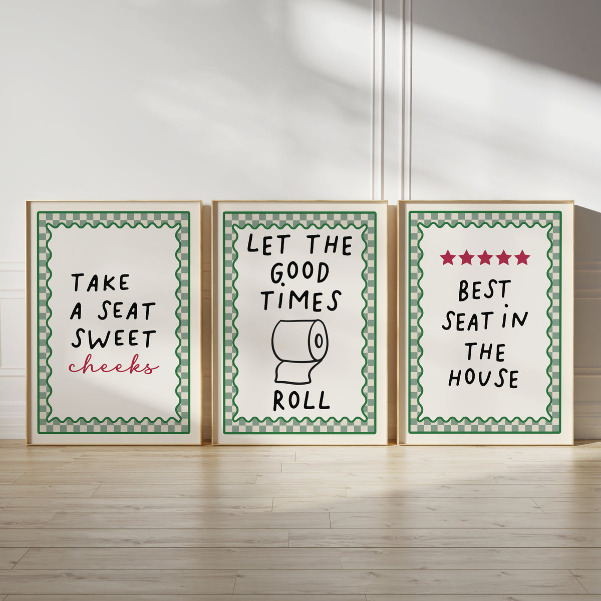 set of 3 sage green bathroom wall art prints each with a funny quote and green chequered border