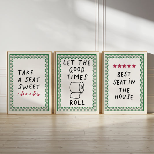 set of 3 sage green bathroom wall art prints each with a funny quote and green chequered border