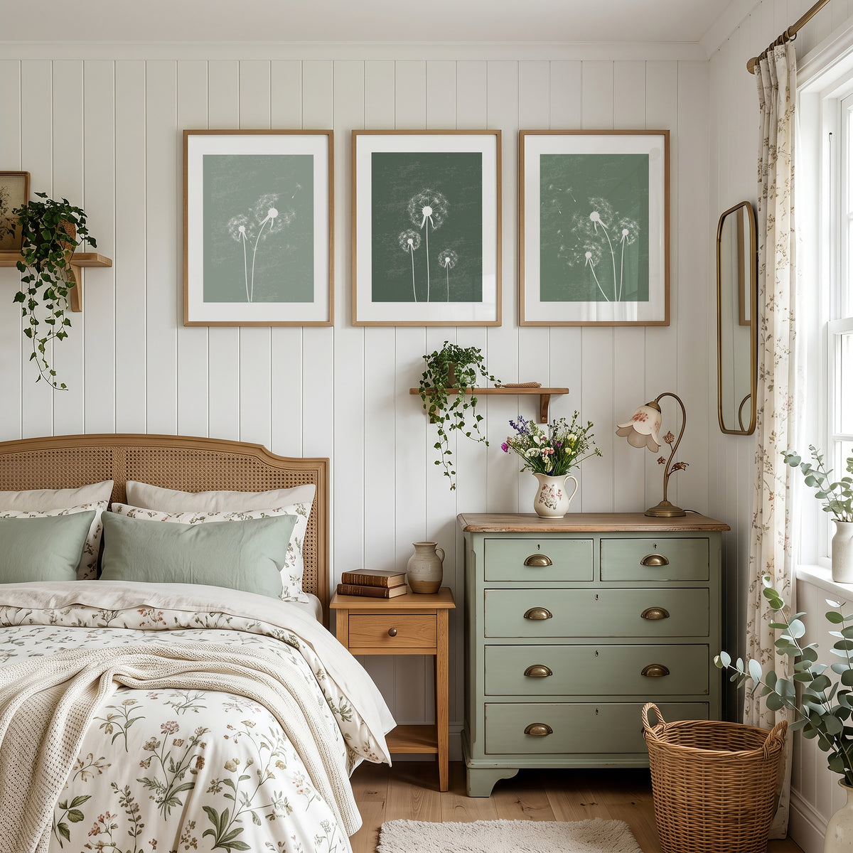 sage green bedroom prints, set of three