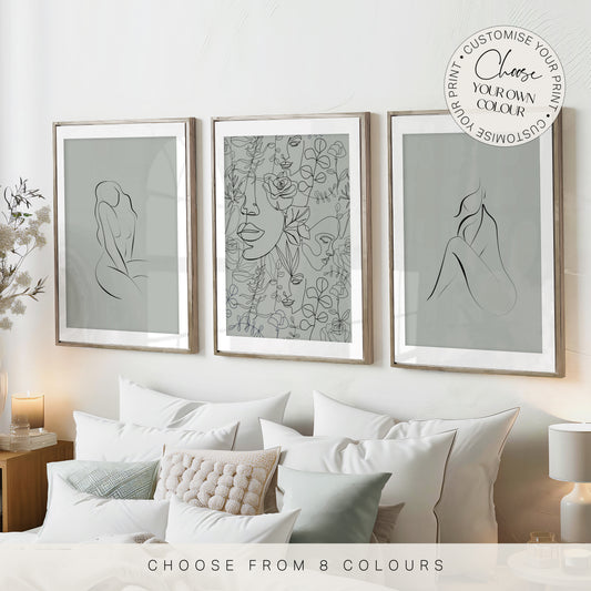 set of 3 sage green women line art bedroom wall art prints