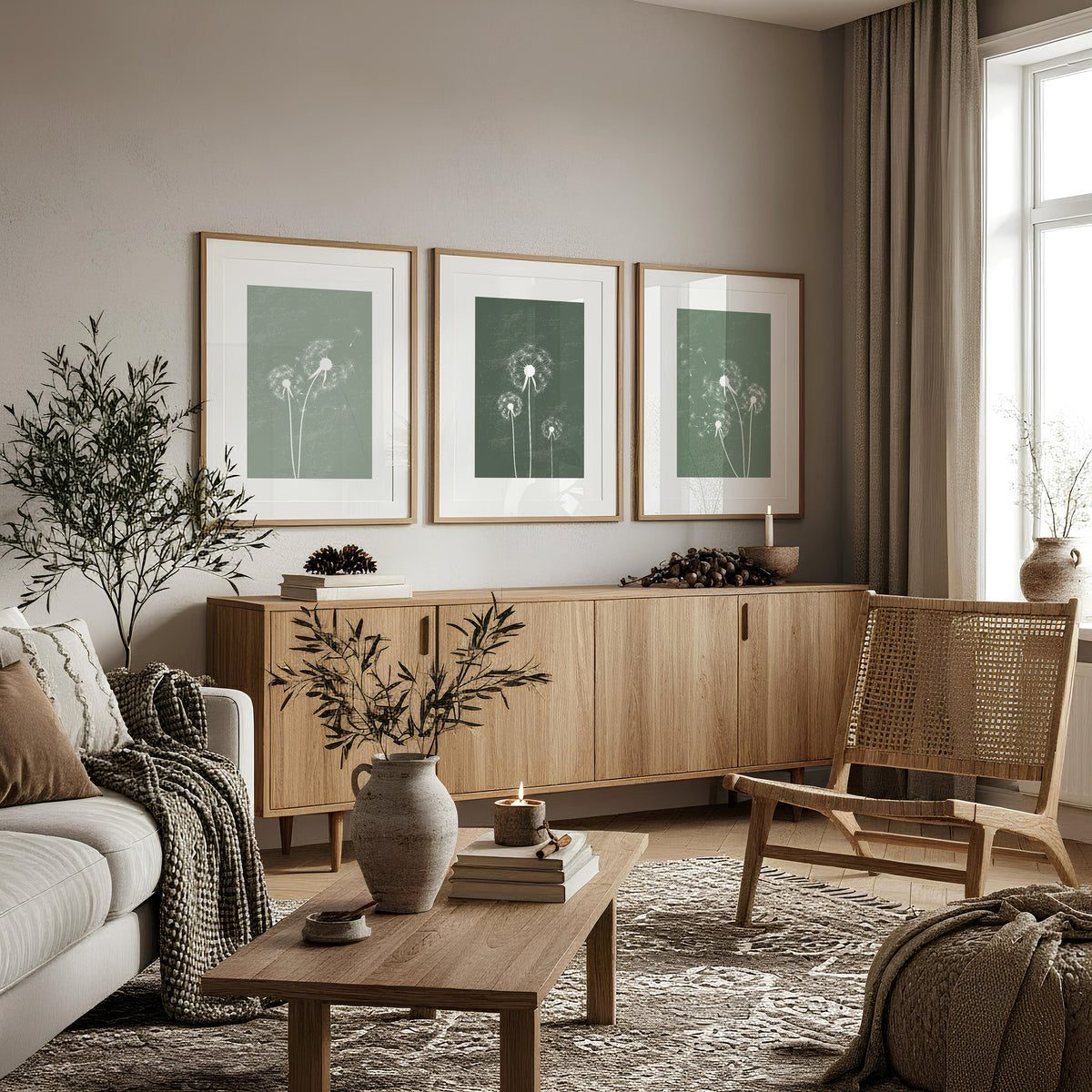 sage green living room prints with dandelions, botanical wall art