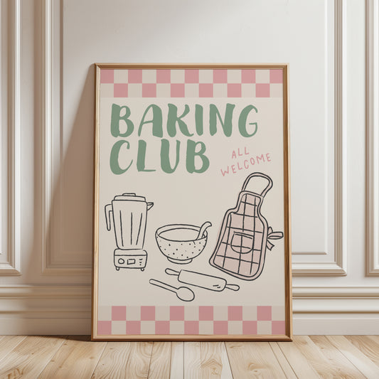 Baking club kitchen print in sage green and pink