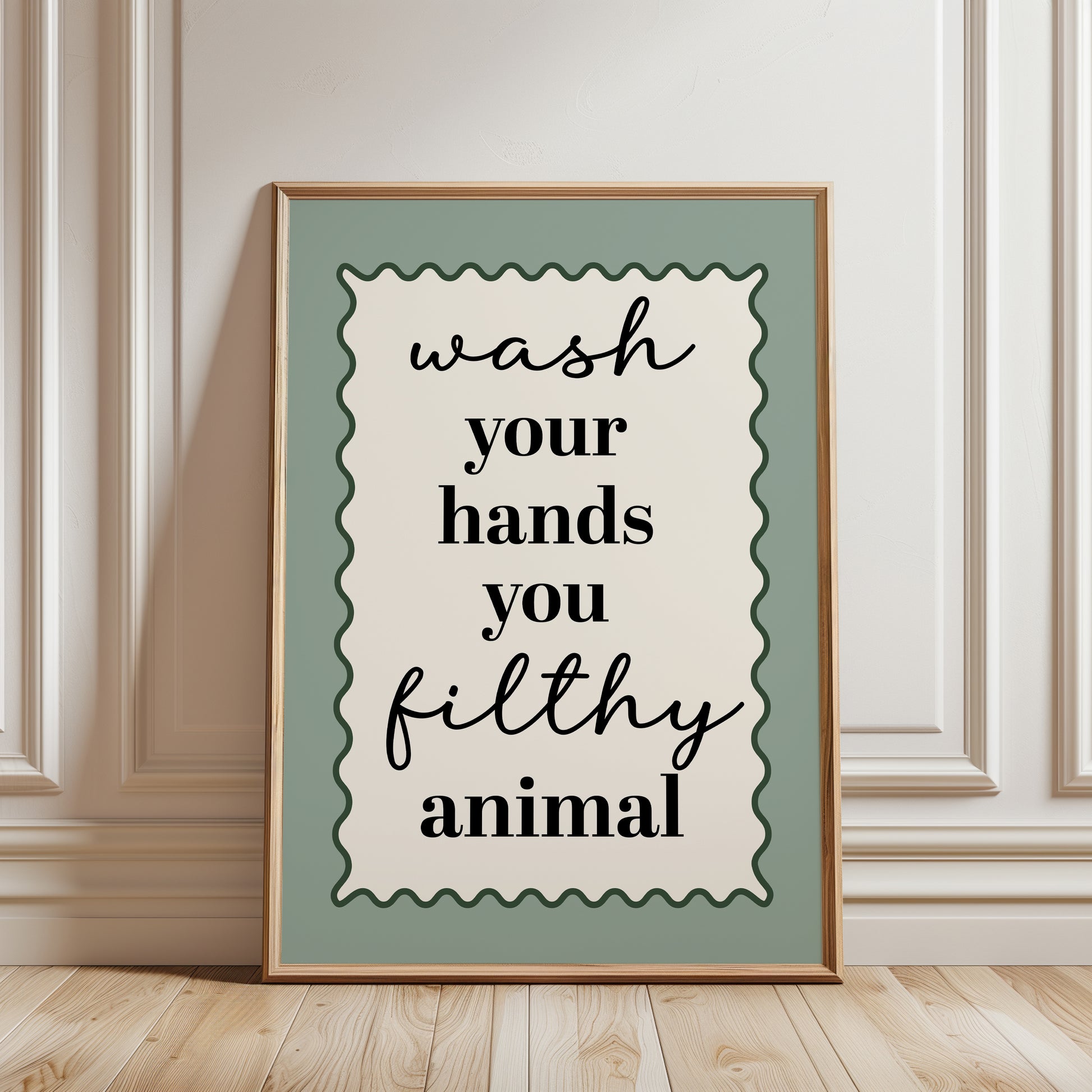 sage green bathroom wall art print with funny quote