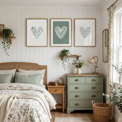 sage green bedroom prints with abstract love hearts
