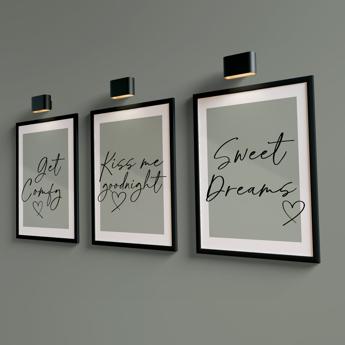 Set of 3 Couples Bedroom Wall Art Prints, Sage Green