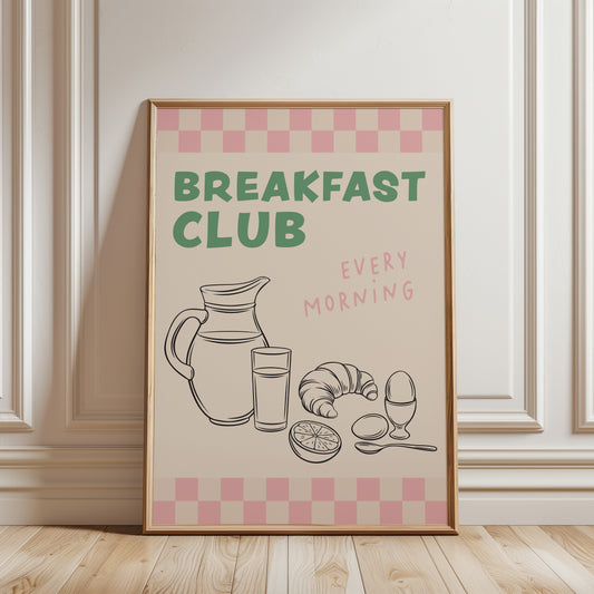 Sage green & pink kitchen print, breakfast club wall art with chequered border