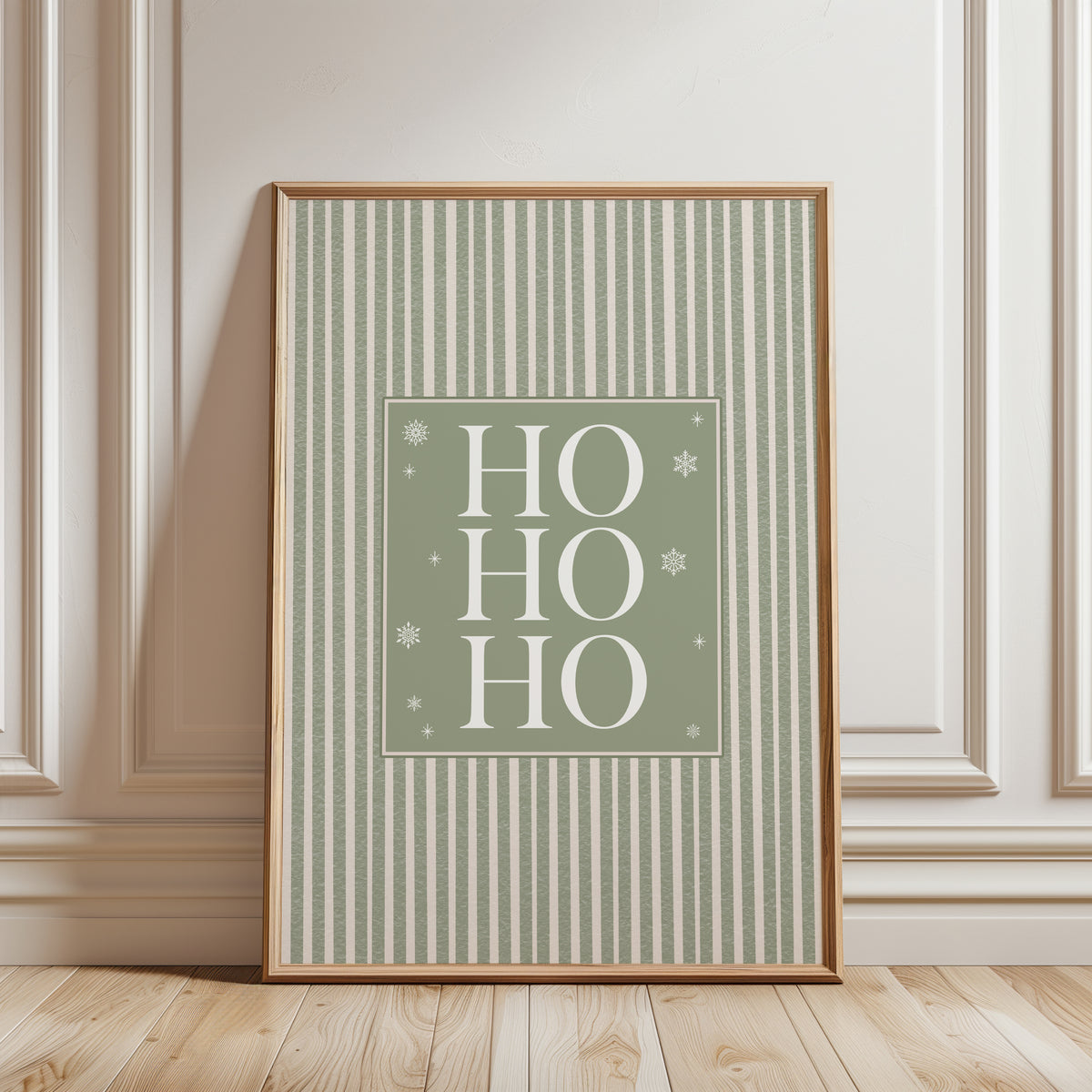 sage green christmas wall art print, ho ho ho text on a sage green stripe background