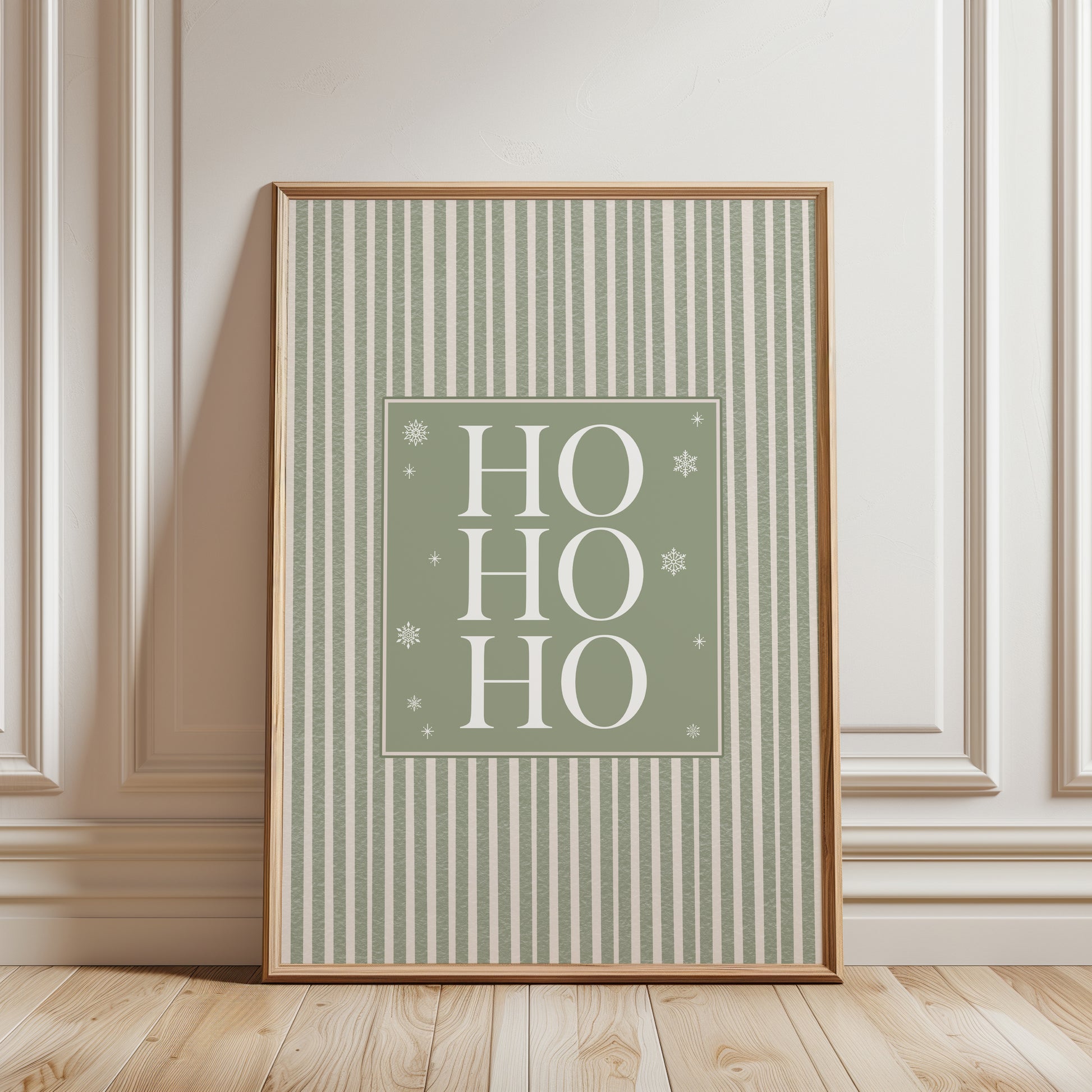 sage green christmas wall art print, ho ho ho text on a sage green stripe background
