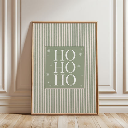 sage green christmas wall art print, ho ho ho text on a sage green stripe background