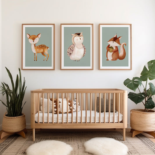 sage green cute woodland animal nursery prints, illustrated deer, owl and squirrel