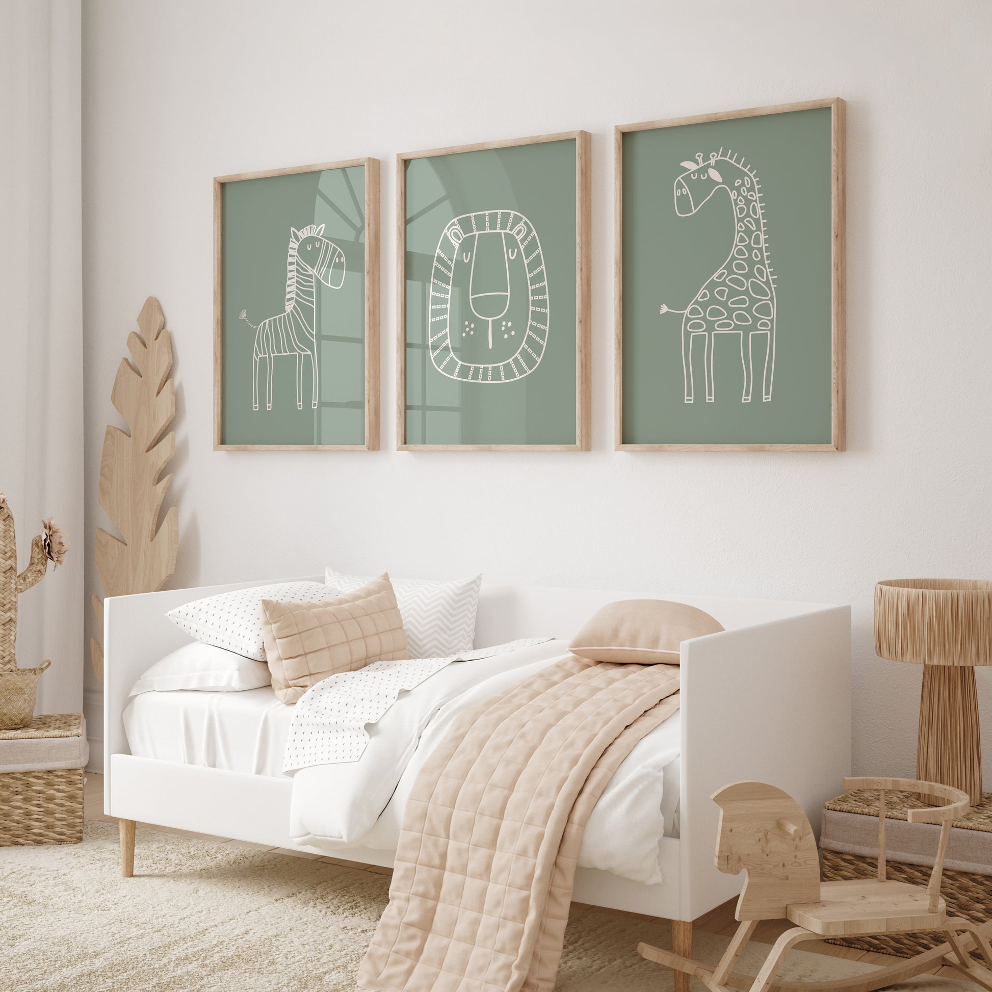 sage green childrens bedroom prints with line art in beige of safari animals, set of 3