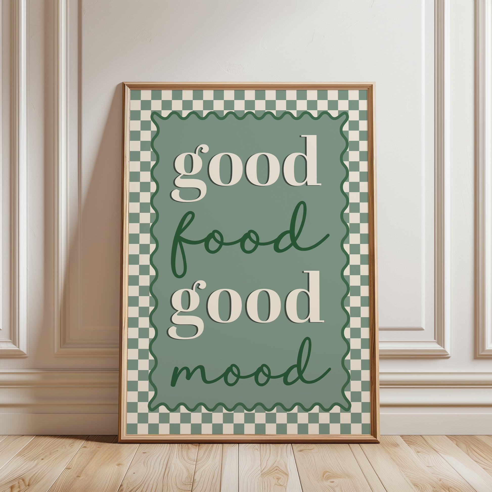 sage green kitchen print with quote good food good mood