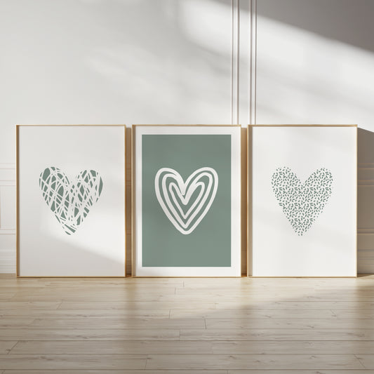 sage green love heart bedroom prints